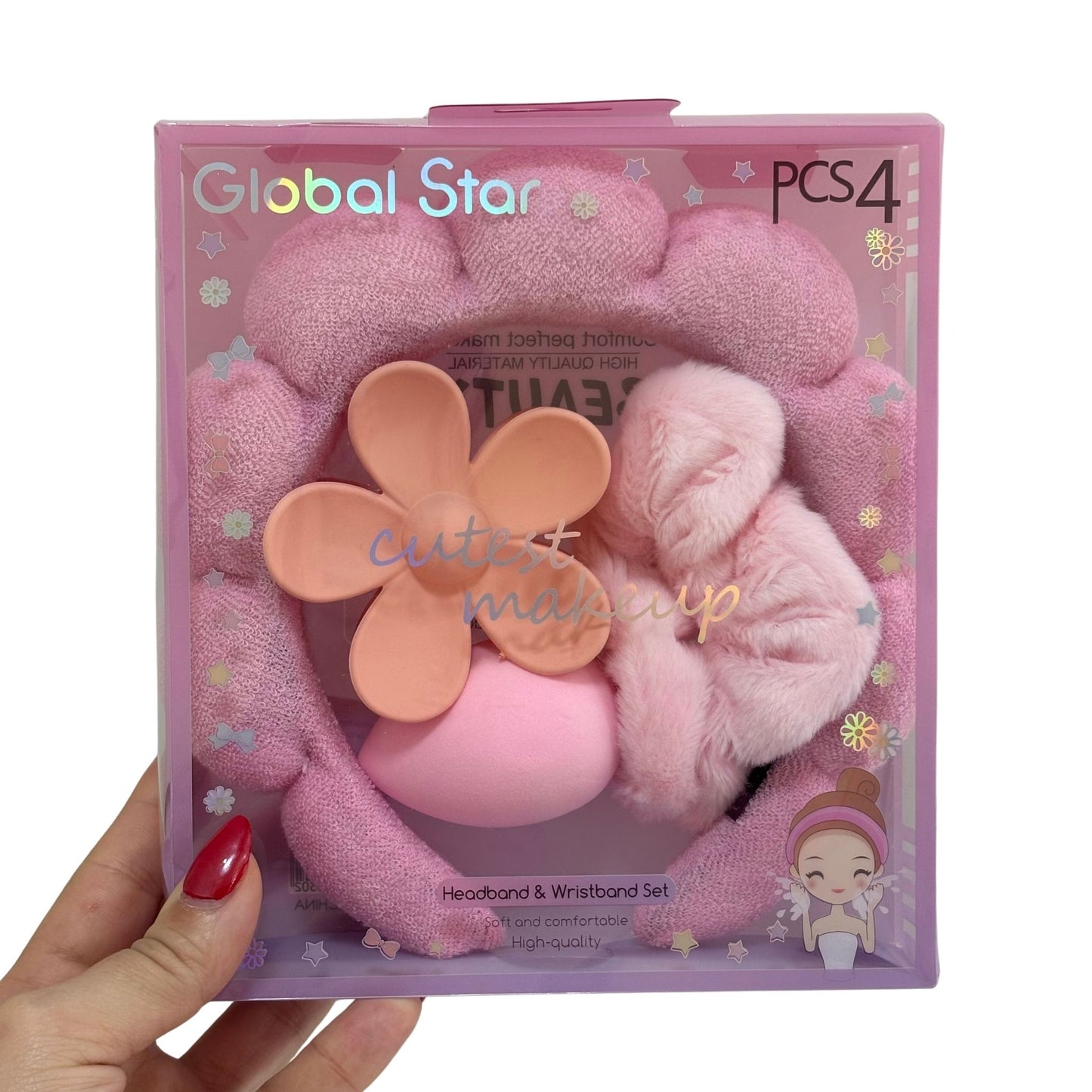 Set de Vincha para Skincare, Muñequera, Pinza y Esponja Globalstar