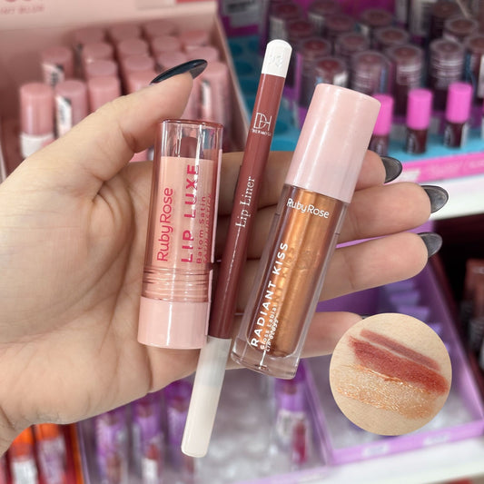 Lip Combo Glow Nude: 1 Lápiz delineador + 1 Labial Batom & 1 Labial Gloss